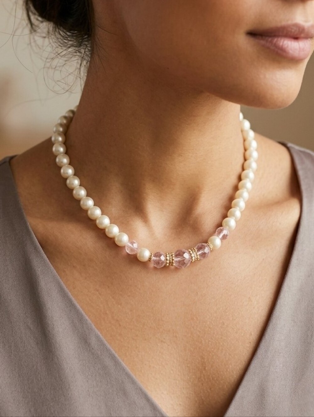 Vintage Faux Pearl & Faceted Pink Crystal Accent Choker Necklace, Gold Tone
